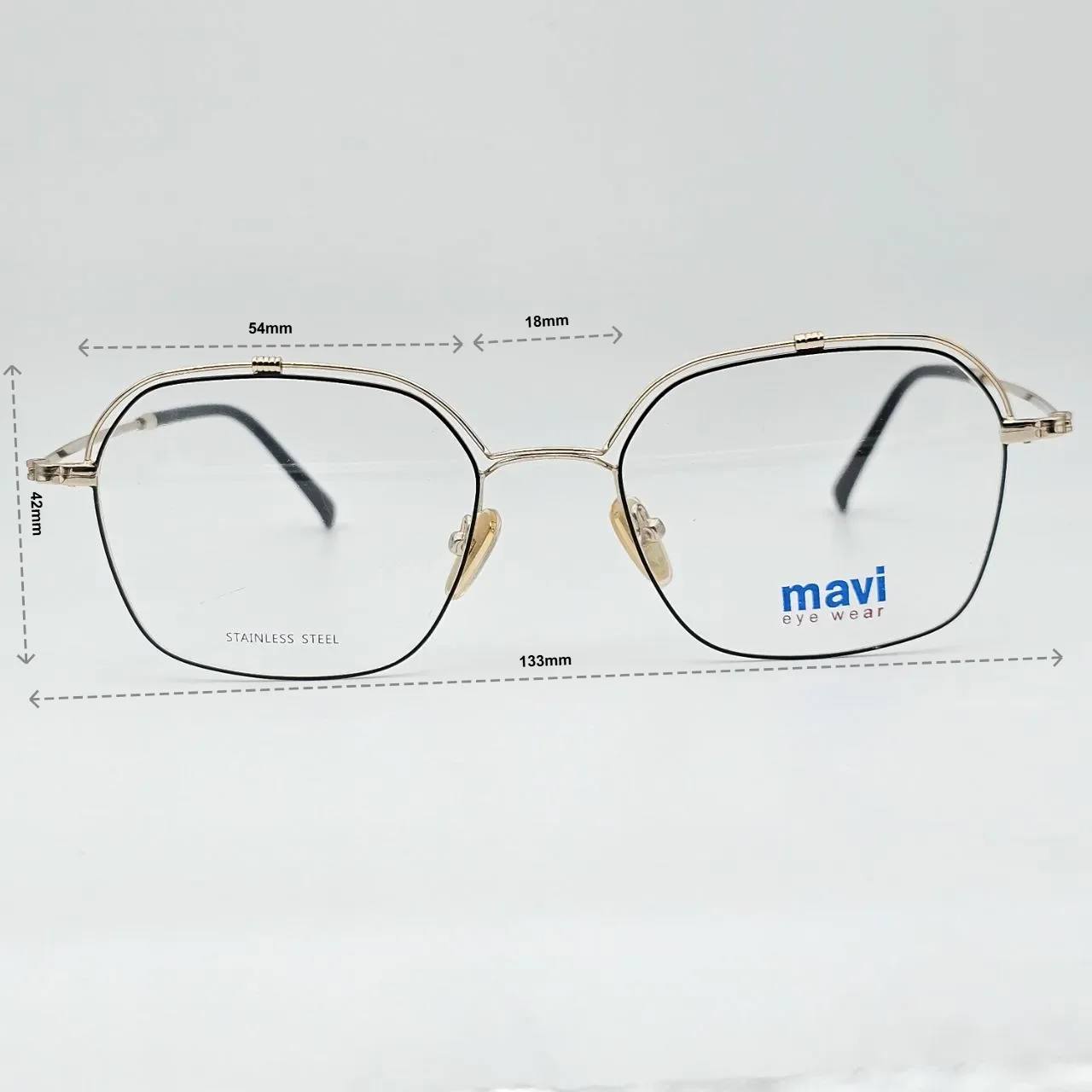 فریم عینک طبی طلایی Mavi – طراحی مدرن با پد قابل تنظیم - ابعاد فریم
