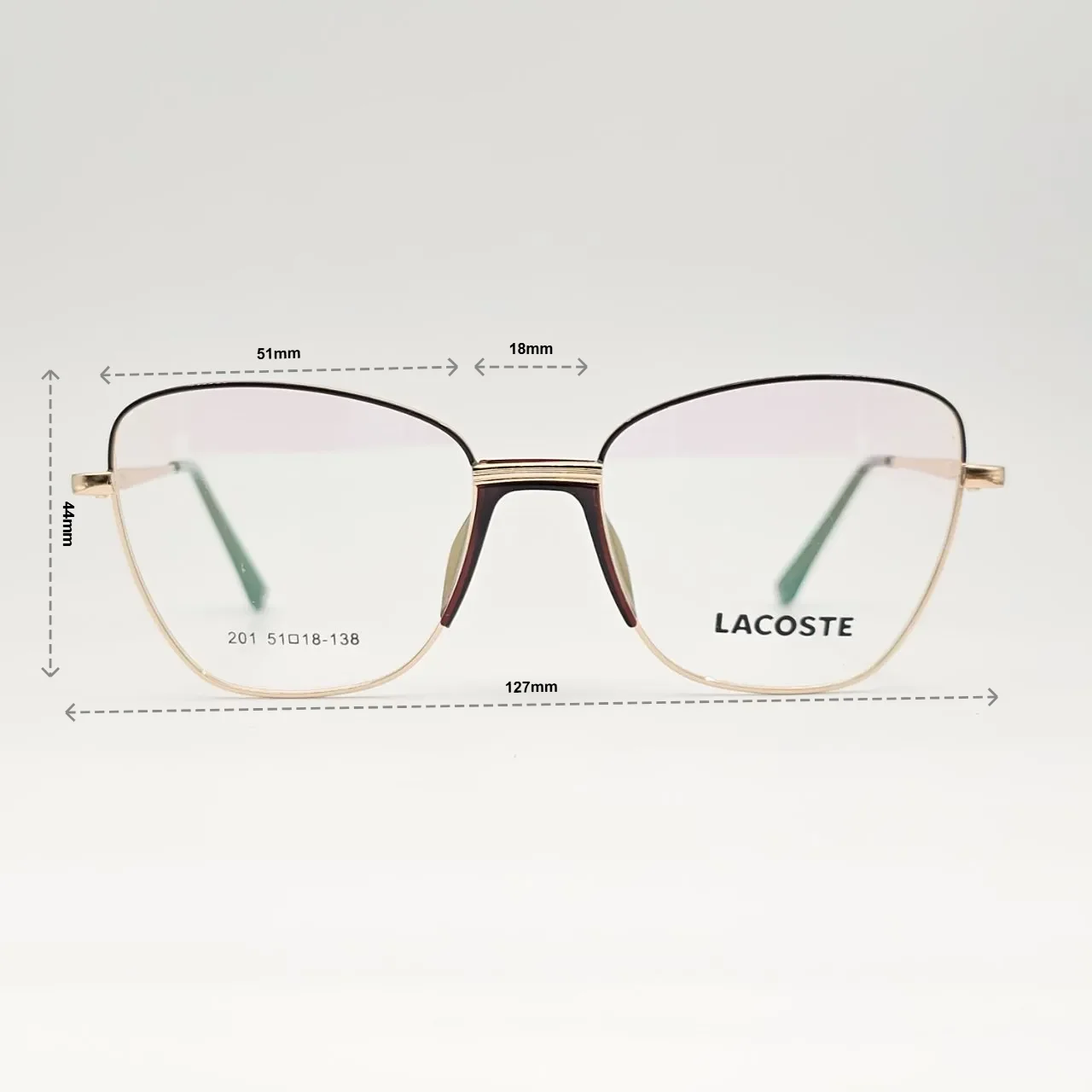عینک طبی زنانه فلزی گربه ای برند Lacoste کد 201 - ابعاد فریم