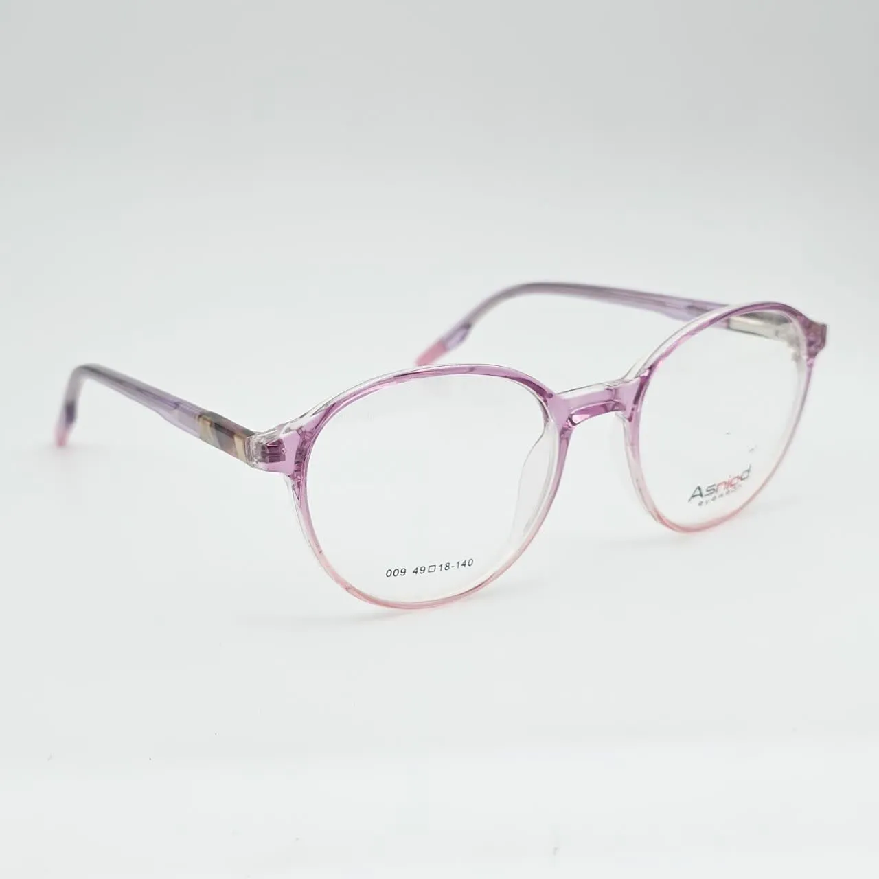 عکس نمای 45 درجه فریم عینک طبی مردانه-زنانه کائوچو شفاف نیمه گرد برند Eyewear کد ۱۷۱۴ رنگ purple
