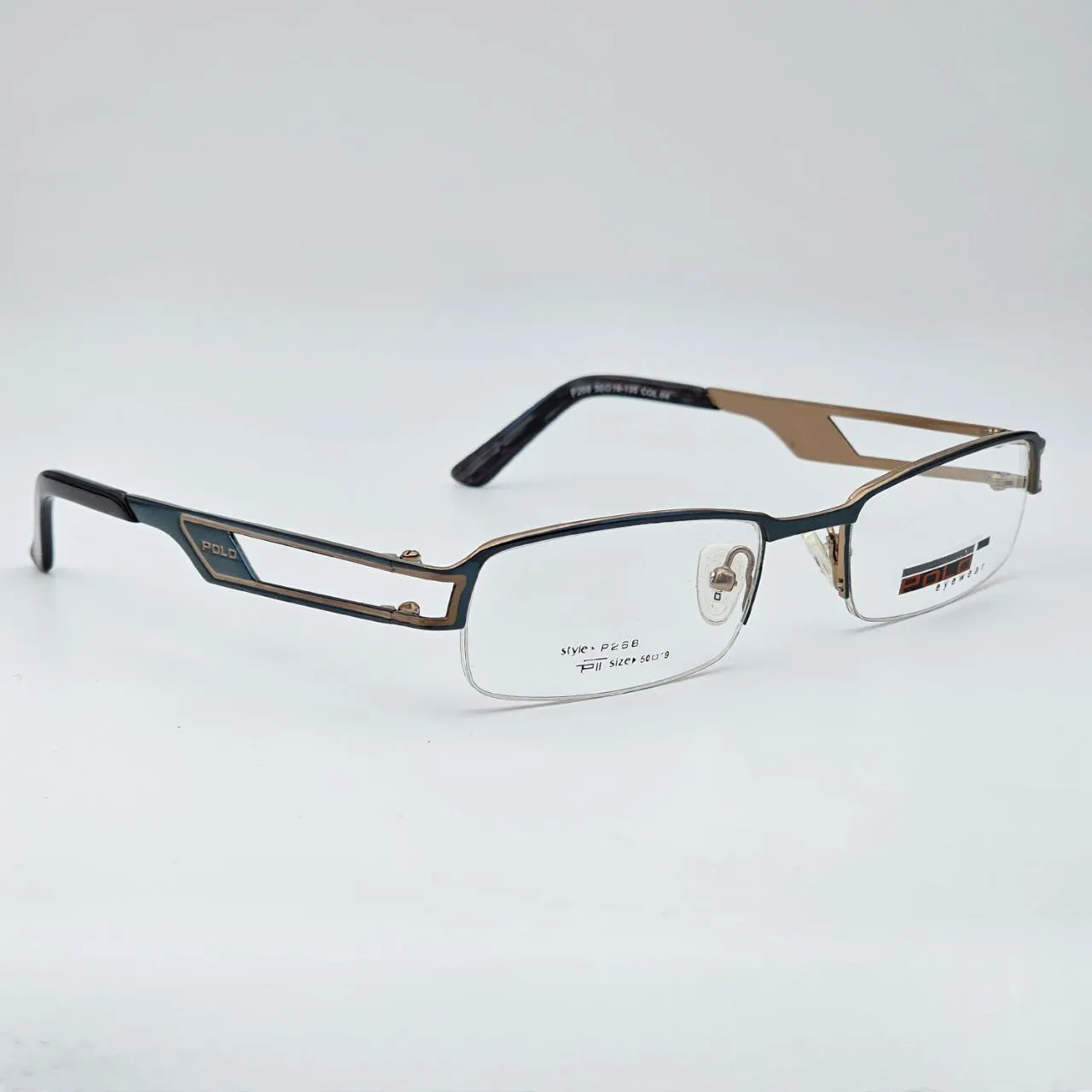 عکس نمای 45 درجه عینک طبی نیم فریم مردانه POLO رنگ black,beige