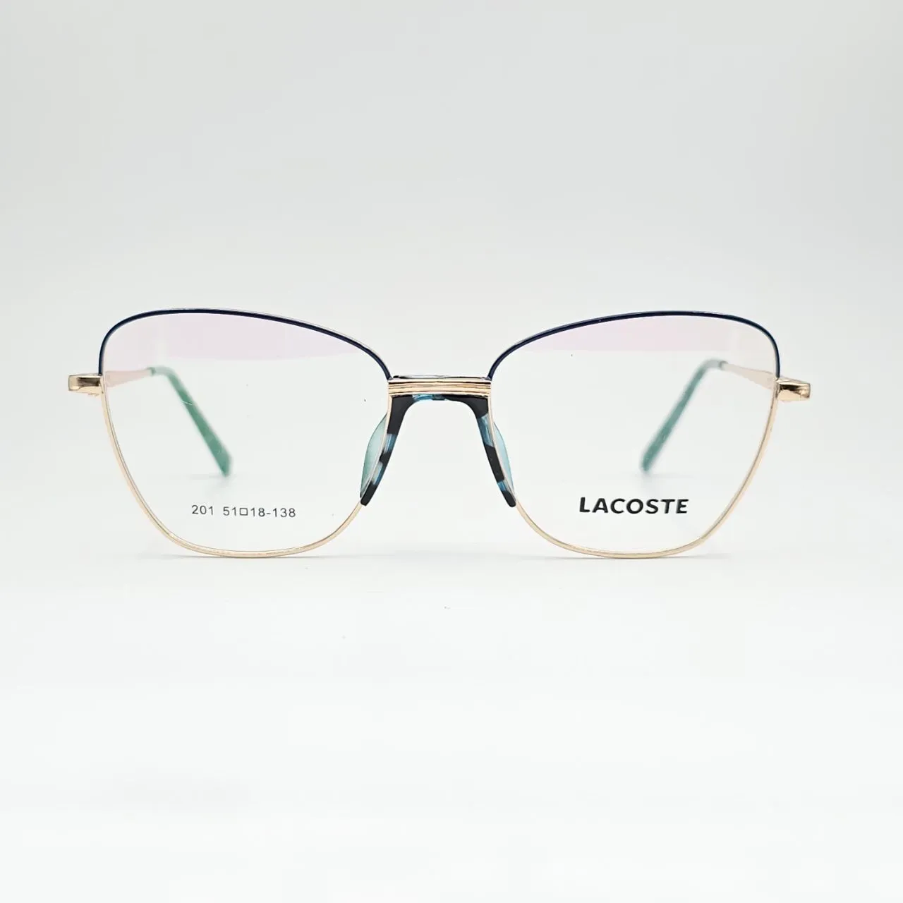 خرید عینک طبی زنانه فلزی گربه ای برند Lacoste کد 201 رنگ gold,blue