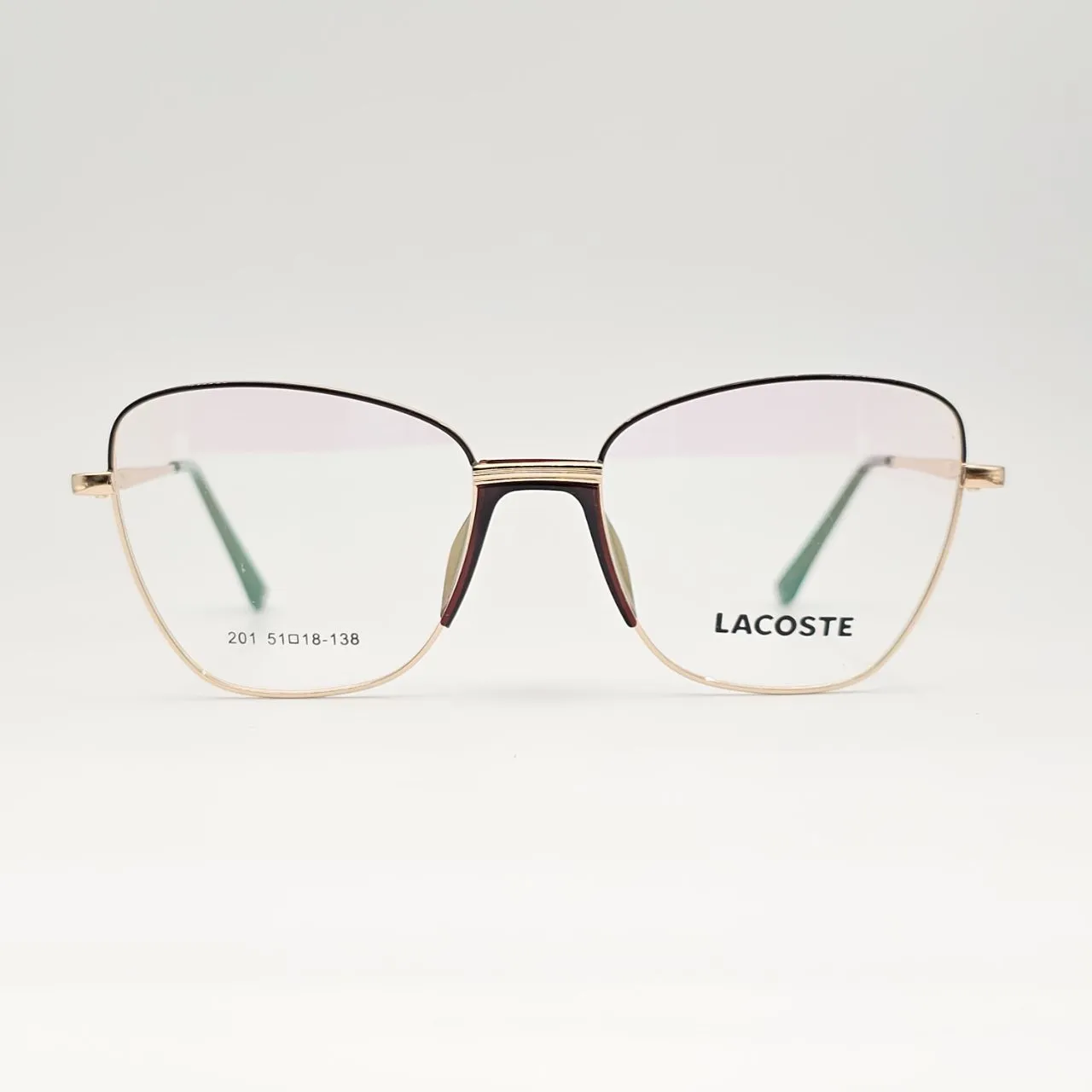 خرید عینک طبی زنانه فلزی گربه ای برند Lacoste کد 201 رنگ gold,brown
