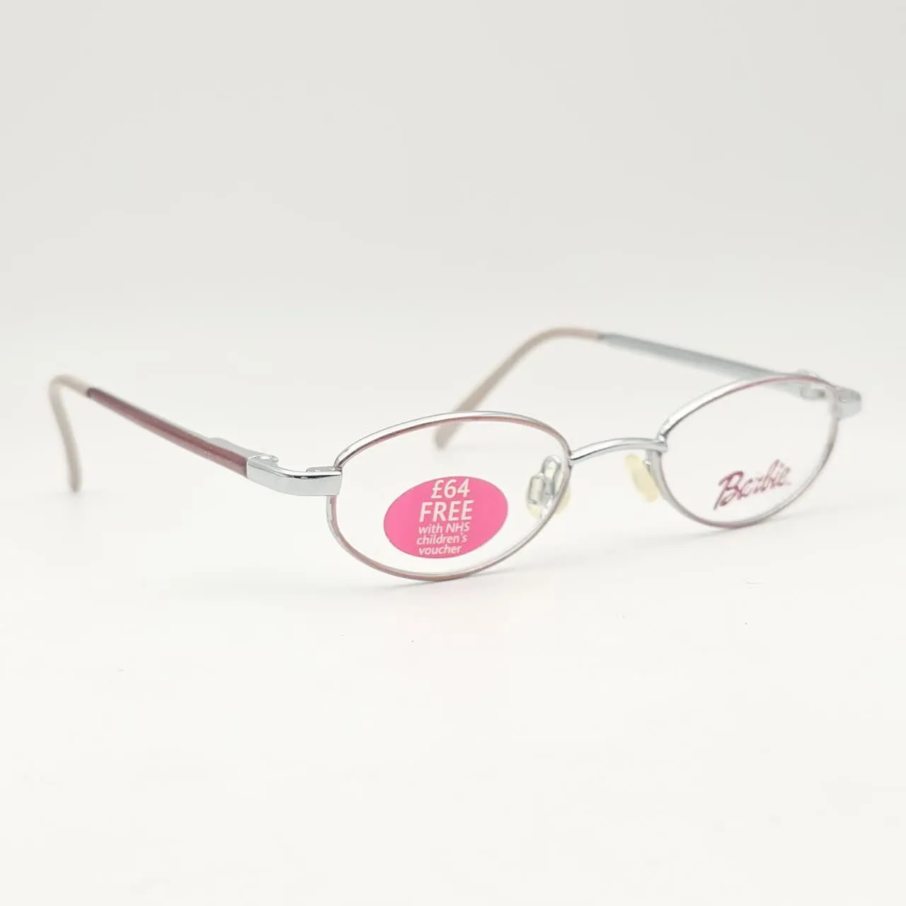 عکس نمای 45 درجه عینک طبی بچگانه Barbie مدل بیضی و گرد رنگ silver,pink