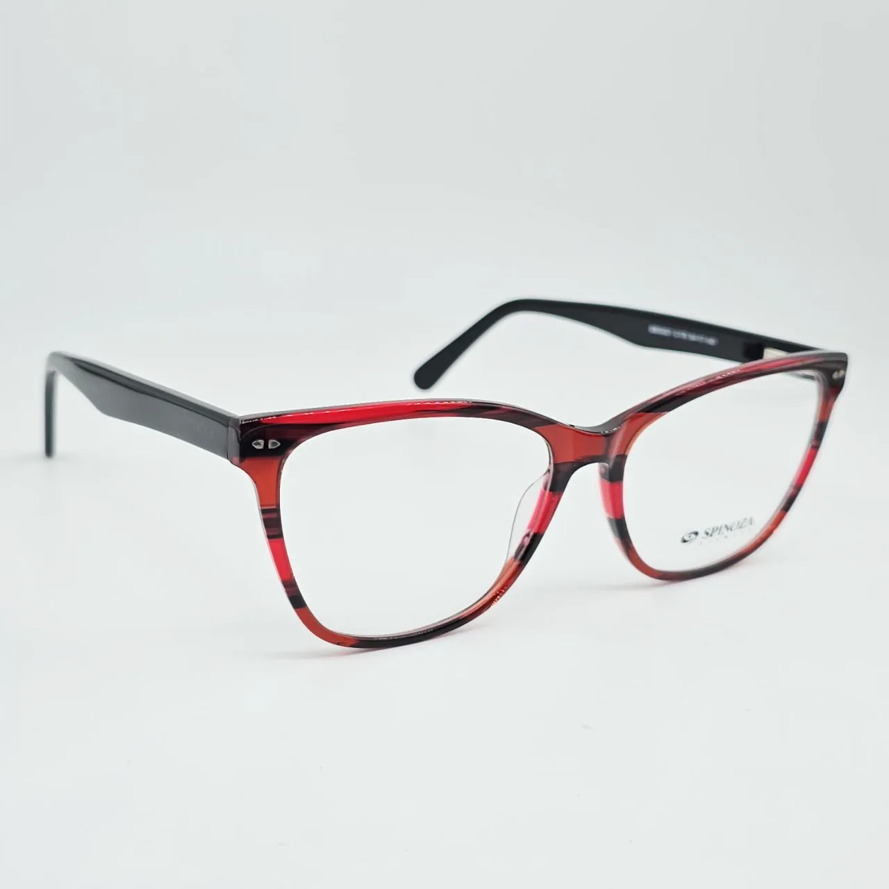 عکس نمای 45 درجه فریم عینک طبی زنانه مدل گربه‌ای برند اسپینوزا (SPINOZA) رنگ black,red