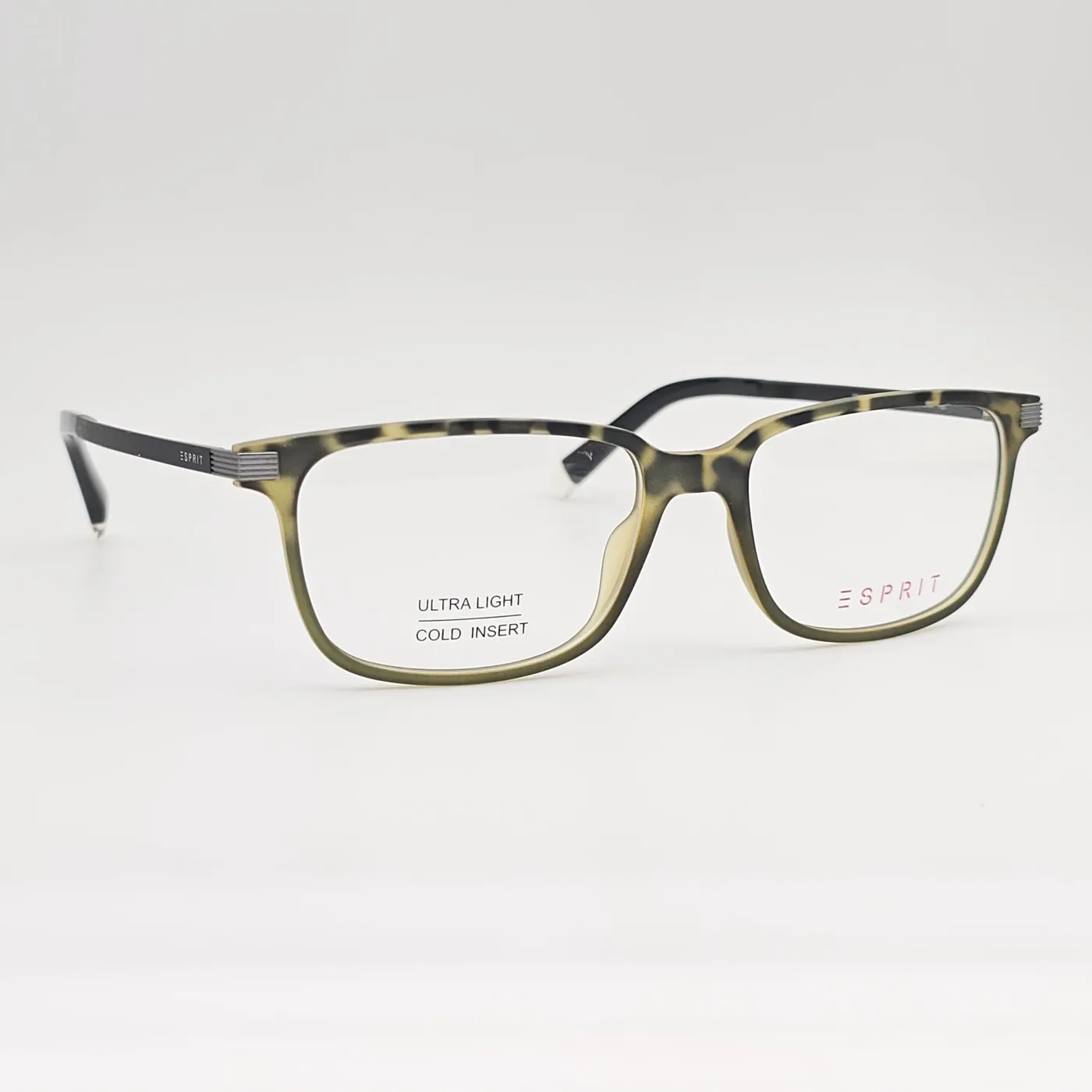 عکس نمای 45 درجه عینک طبی کائوچویی برندESPRIT رنگ black,green:پلنگی مات سبز زیتونی
