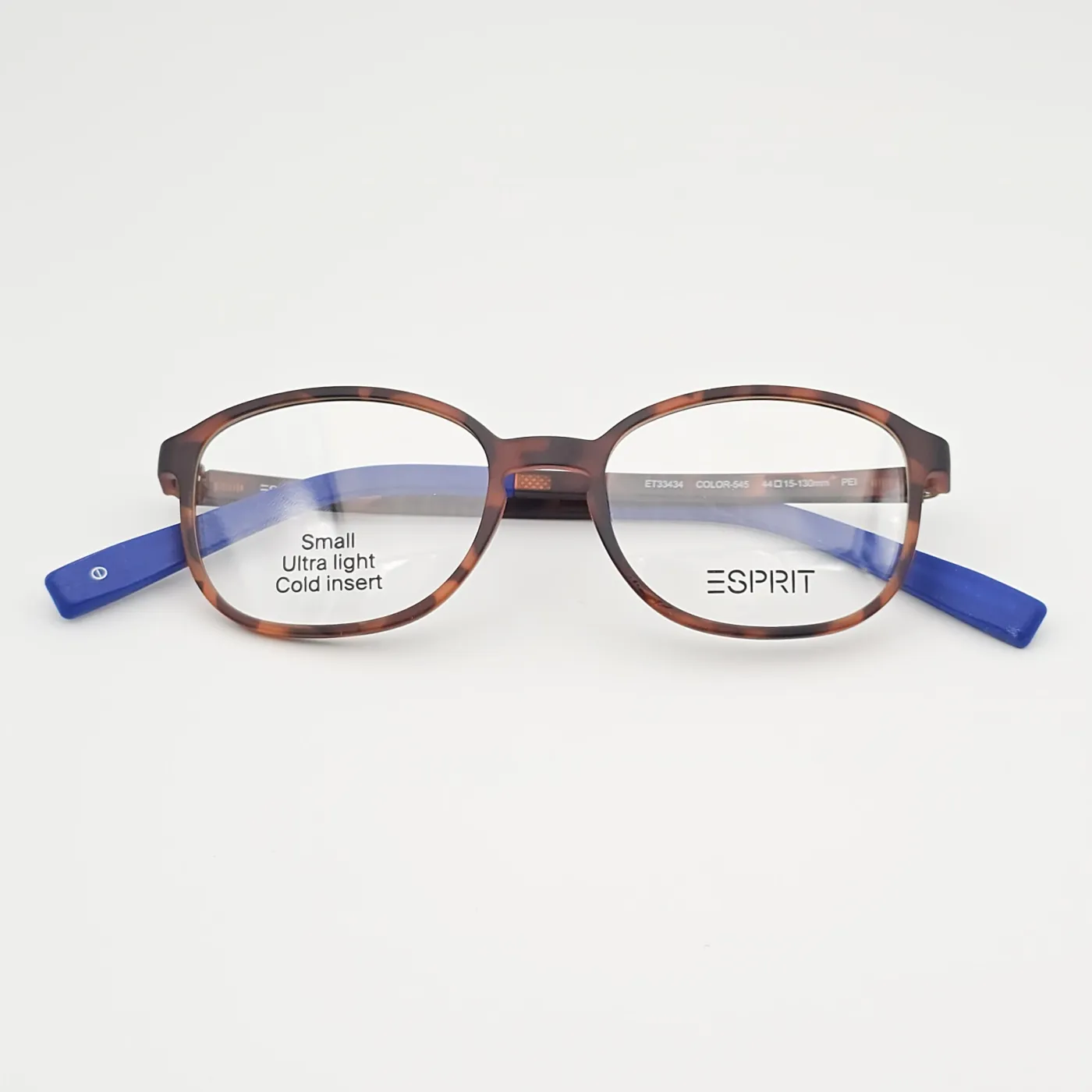 عکس نمای از بالا عینک طبی بچه گانه نشکن برند ESPRIT رنگ blue,leopard:پلنگی قهوه‌ای با دسته‌های آبی