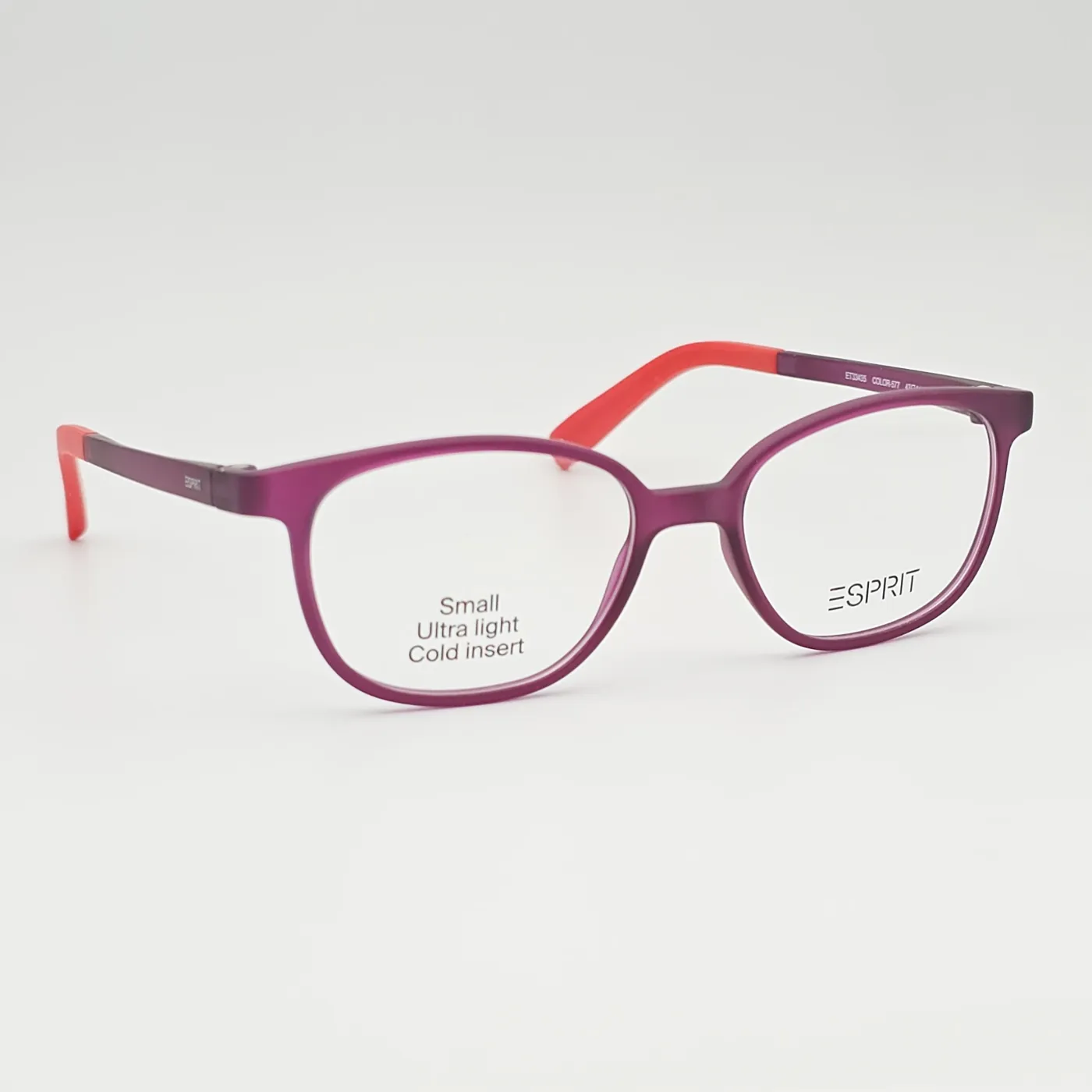 عکس نمای 45 درجه عینک بچه گانه نشکن برندESPRIT رنگ purple:بنفش مات با دسته‌های نارنجی-مرجانی