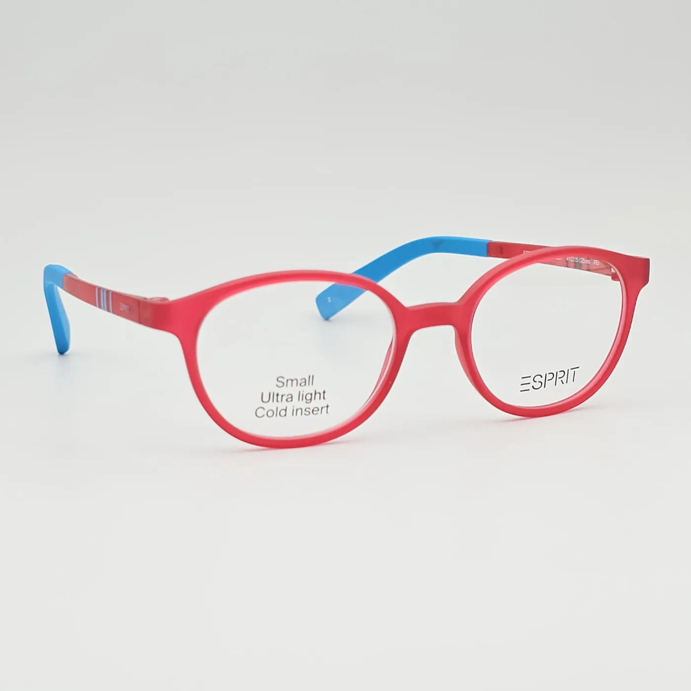 عکس نمای 45 درجه عینک بچه گانه نشکن برندESPRIT رنگ blue,red:قرمز مات با دسته‌های آبی اقیانوسی