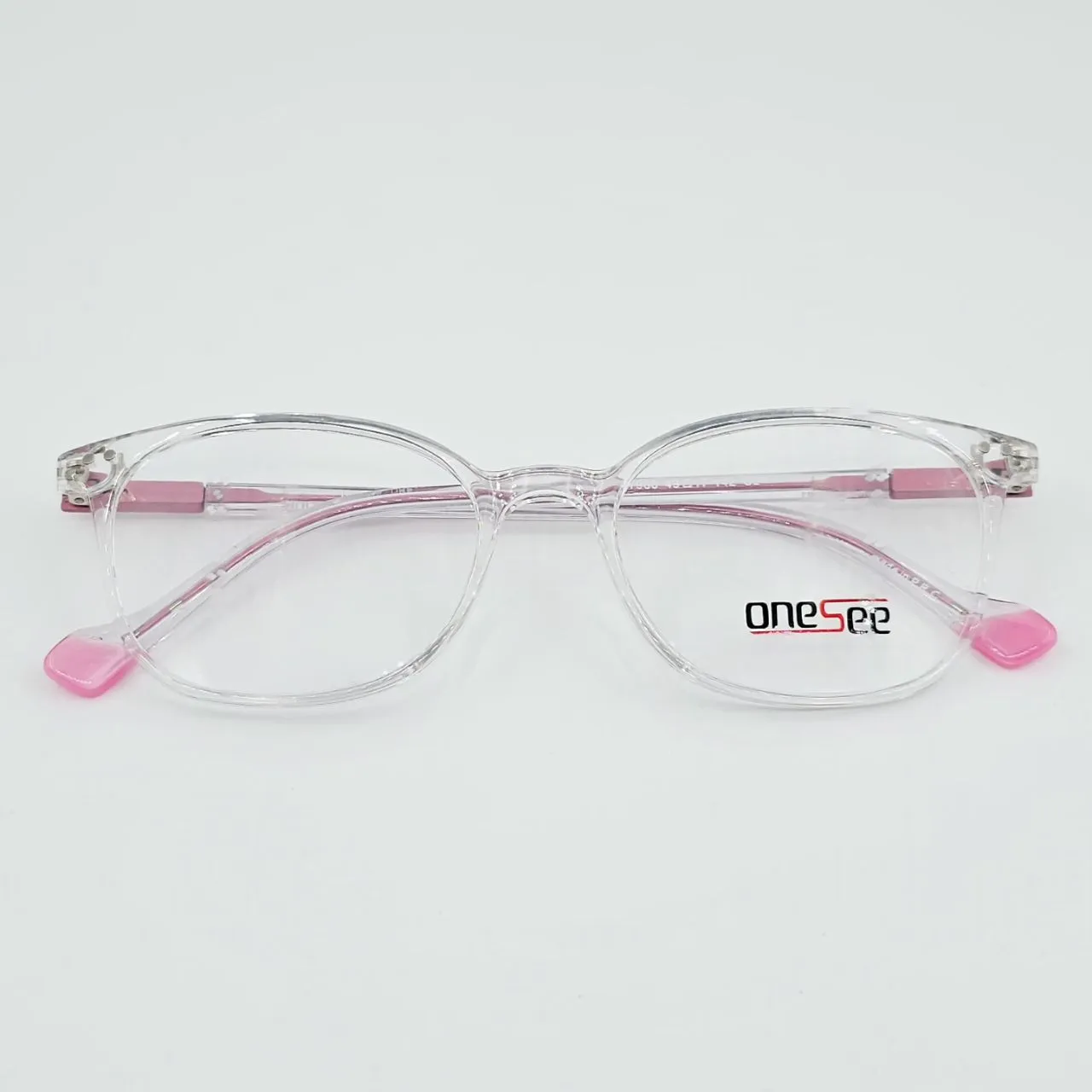 عکس نمای از بالا فریم عینک طبی شفاف صورتی زنانه کائوچو one see رنگ pink,transparent