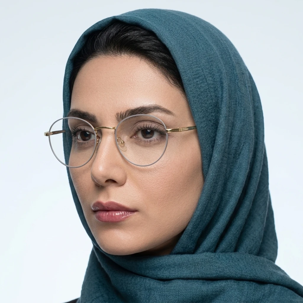 پرو آنلاین عینک گرد سکه ای برند THEORIE زنانه جنس فلزی رنگ طلایی روی صورت