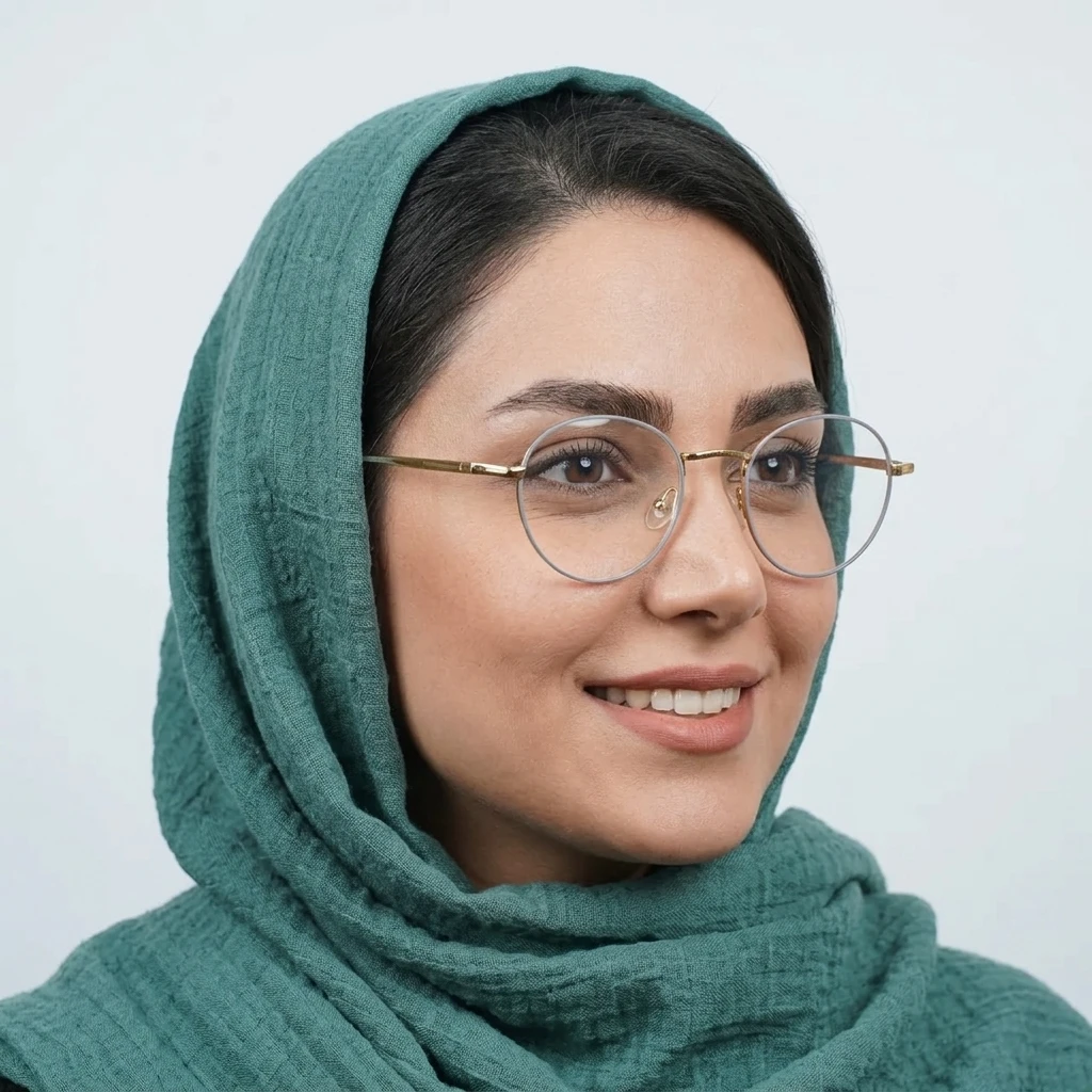 پرو آنلاین عینک گرد سکه ای برند THEORIE زنانه جنس فلزی رنگ طلایی روی صورت